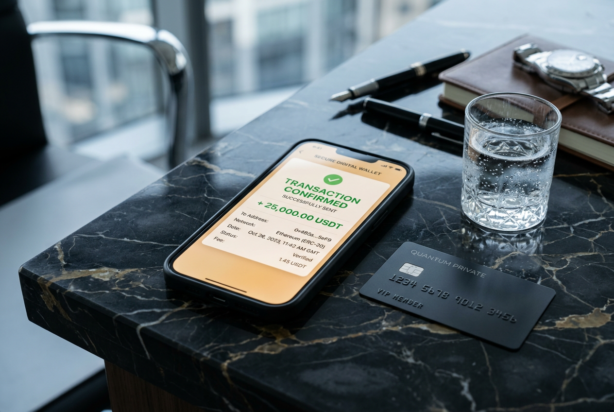 Smartfon z aplikacją kryptowalutową na marmurowym blacie.