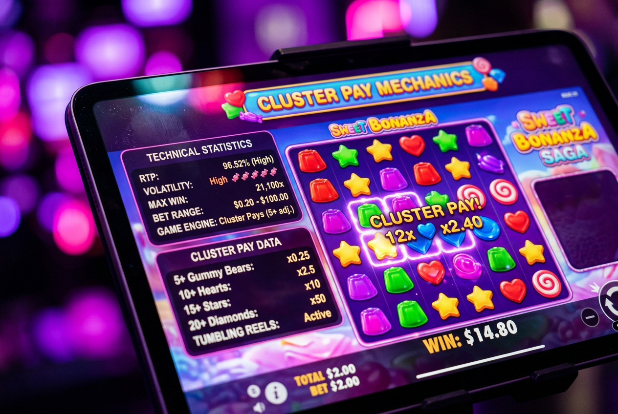 Close-up of a digital screen showing slot machine code and candy symbols.